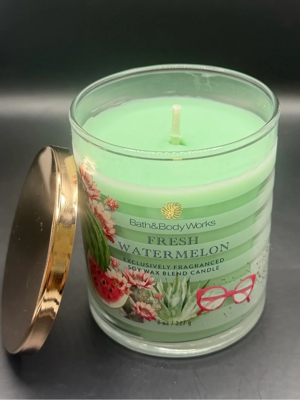 Bath & Body Works Fresh Watermelon Candle Single-Wick 8OZ Green w/ Gold Lid